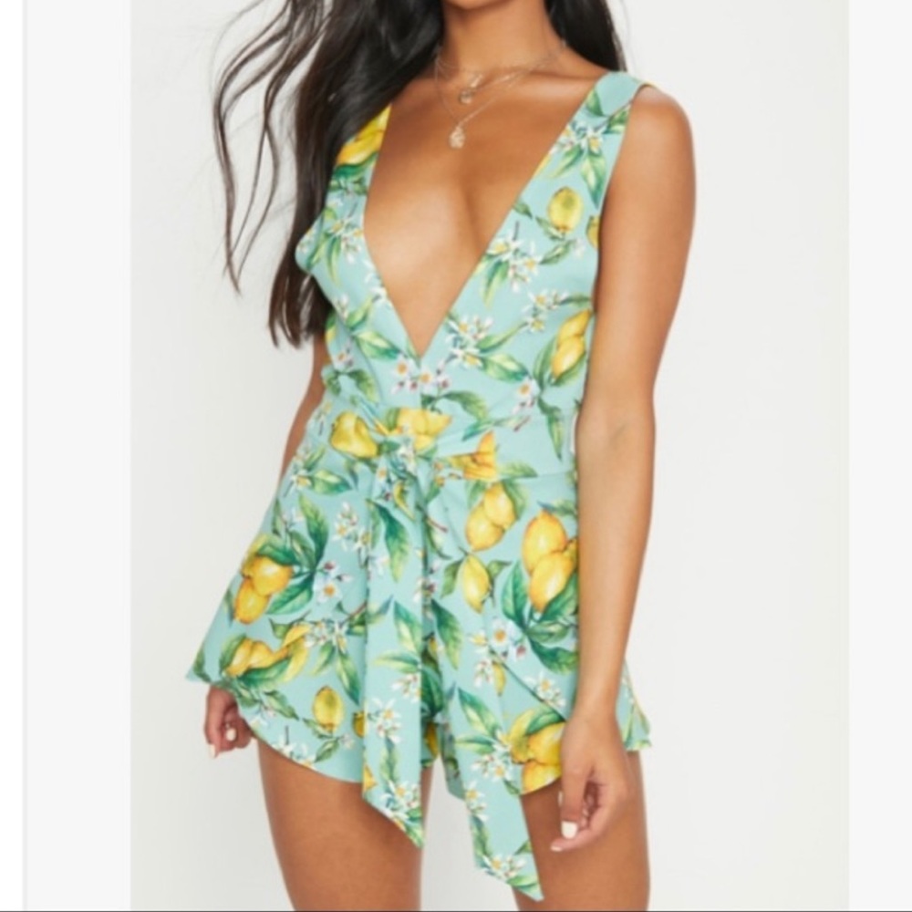 Mint Lemon Print Wrap Short Romper